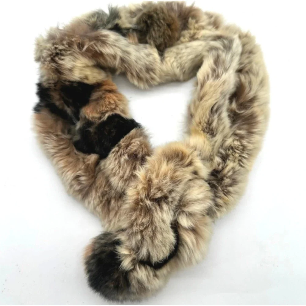 Vintage 80s Real Rabbit Fur Scarf Multi Color Pom Pom Stole Neck Wrap